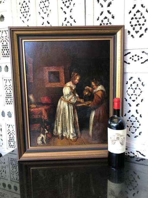 18th/19th CENTURY CONTINENTAL SCHOOL OIL PAINTING ON A WOOD PANEL - LADY WASHING HER HANDS - FRAMED