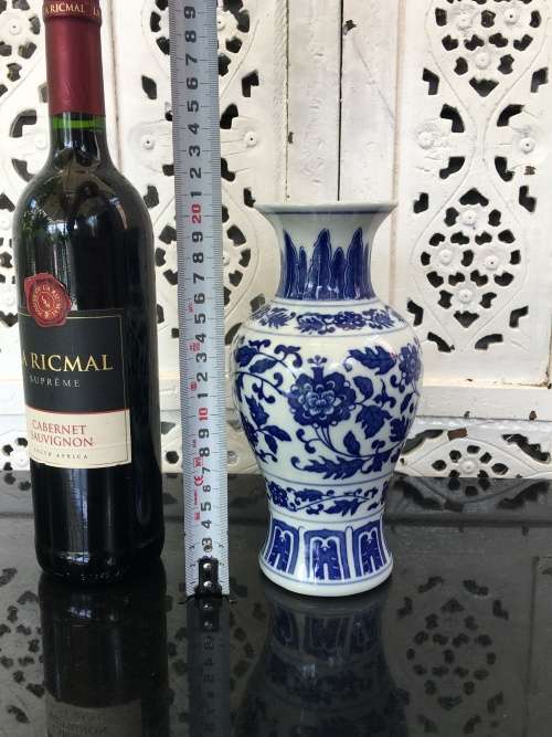 Beautiful Chinese Hand Painted Under Glaze Blue Ming Style 21 cm Vase with Old Markings