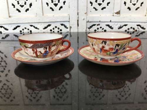 Early 1900s  Japanese Kutani Lithophane/Eggshell Porcelain Duos,  Kiln Marks on Base