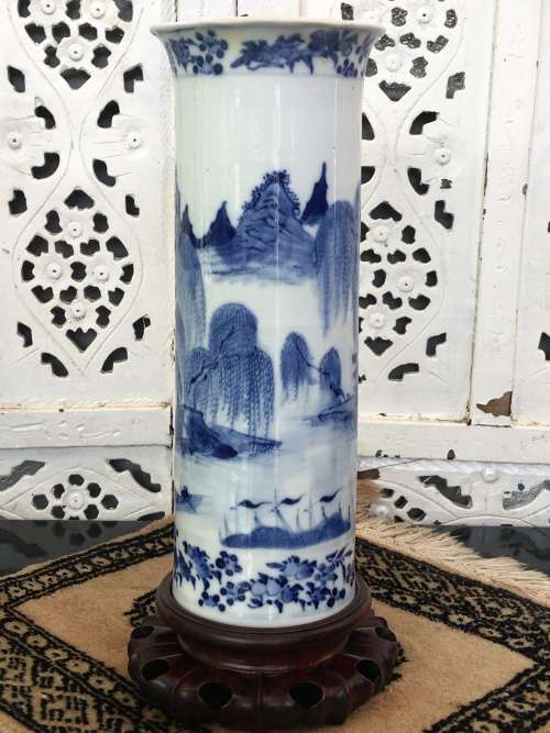 Museum Quality Antique Qing Dynasty c1916 Kangxi Nian Mark Chinese Brush Pot on Wood Stand.