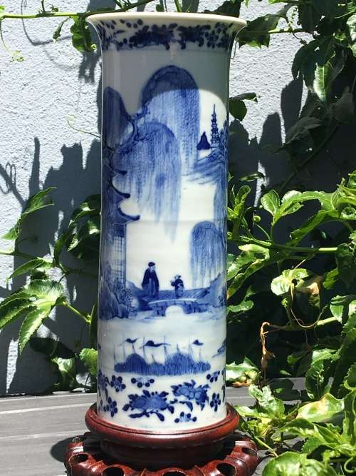 Museum Quality Antique Qing Dynasty c1916 Kangxi Nian Mark Chinese Brush Pot on Wood Stand.