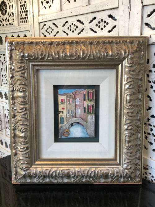 WOW !!! AMAZING DETAILED FRAMED 3D HAND PAINTED CERAMIC TILE OF VENETIAN CANAL