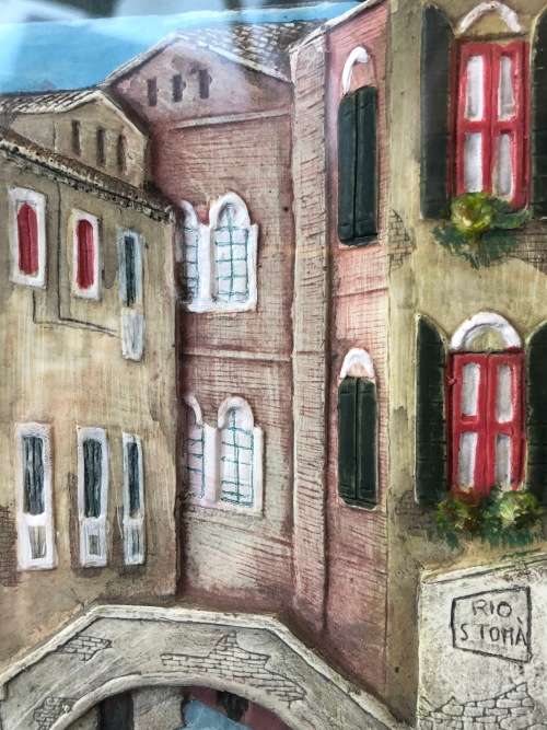 WOW !!! AMAZING DETAILED FRAMED 3D HAND PAINTED CERAMIC TILE OF VENETIAN CANAL