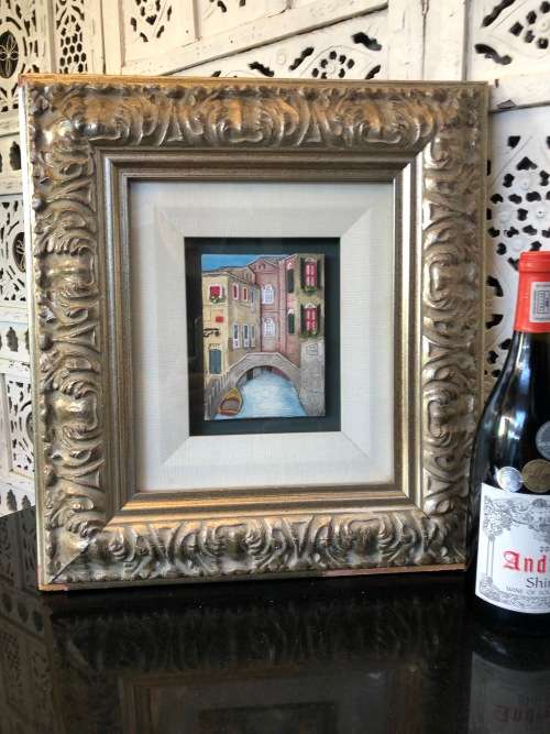 WOW !!! AMAZING DETAILED FRAMED 3D HAND PAINTED CERAMIC TILE OF VENETIAN CANAL