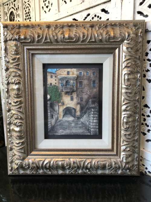 WOW !!! AMAZING DETAILED FRAMED 3D HAND PAINTED CERAMIC TILE OF VENETIAN STREET