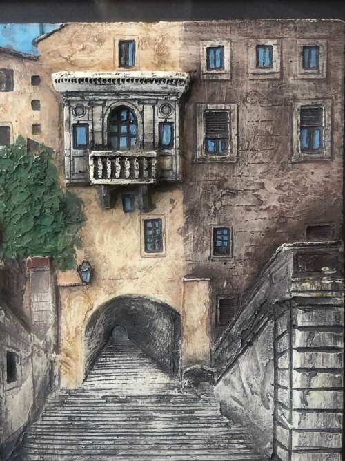 WOW !!! AMAZING DETAILED FRAMED 3D HAND PAINTED CERAMIC TILE OF VENETIAN STREET