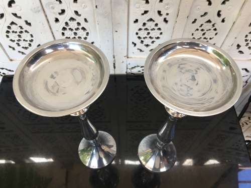 WOW !!! STUNNING TALL SOLID BRUSHED ALUMINIUM CANDLE STICKS WITH CANDLES