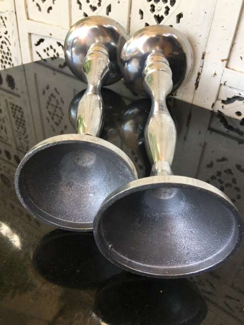 WOW !!! STUNNING TALL SOLID BRUSHED ALUMINIUM CANDLE STICKS WITH CANDLES