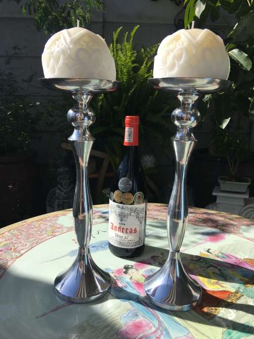 WOW !!! STUNNING TALL SOLID BRUSHED ALUMINIUM CANDLE STICKS WITH CANDLES