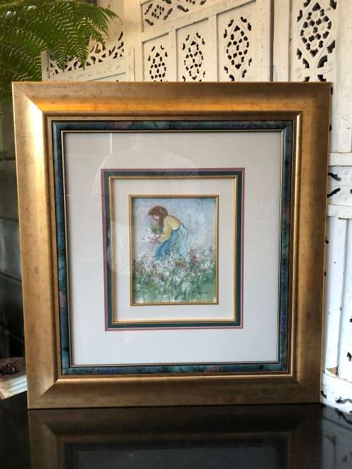 INVESTMENT ART !!! ESTE MOSTERT (1959- ) STUNNING FRAMED PASTEL ON PAPER - GIRL PICKING FLOWERS