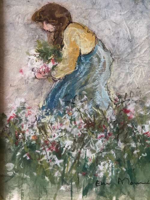 INVESTMENT ART !!! ESTE MOSTERT (1959- ) STUNNING FRAMED PASTEL ON PAPER - GIRL PICKING FLOWERS