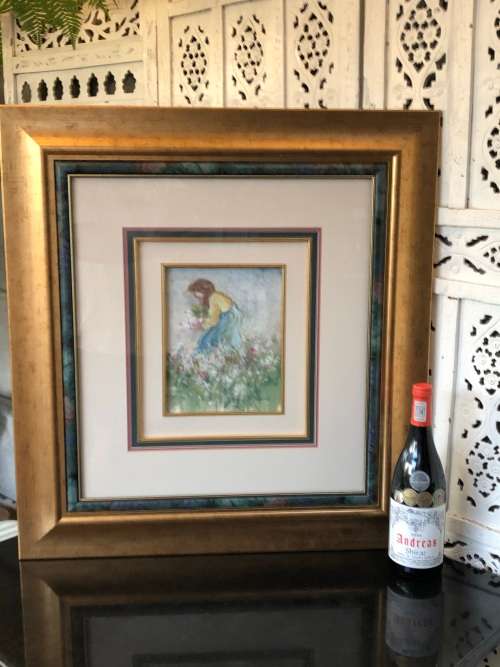 INVESTMENT ART !!! ESTE MOSTERT (1959- ) STUNNING FRAMED PASTEL ON PAPER - GIRL PICKING FLOWERS