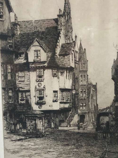 REGINALD GREEN (1884 - 1971) FRAMED ETCHING OF JOHN KNOX'S HOUSE EDINBURGH - ON EMBOSSED PAPER