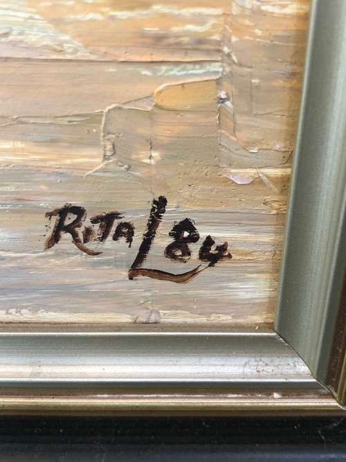 FANTASTIC FRAMED OIL ON BOARD COTTAGE SCENE DATED 1984 BY RITA L - UNKNOWN