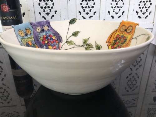 South African Artist Karen Kieviet Designer Owl Bowl Table Center Piece.X Large Hand Made & Painted.