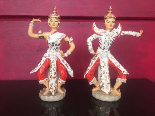 Beautiful Vintage 1940s Porcelain  Eastern Dancing Red & White  & Gold Figurines By Kathi Urback