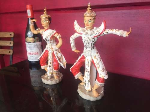 Beautiful Vintage 1940s Porcelain  Eastern Dancing Red & White  & Gold Figurines By Kathi Urback
