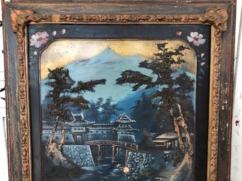 AMAZING ARTWORK - FRAMED THICK PALETTE PAINTED OIL ON WOOD PANEL LANDSCAPE - JAPANESE ANTIQUES