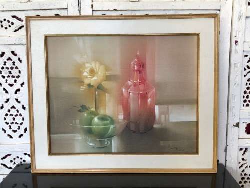 BEAUTIFUL DECOR ART !!!! FRAMED OIL ON CANVAS IN A LEATHER CLAD FRAME - SIGNED BY THE ARTIST