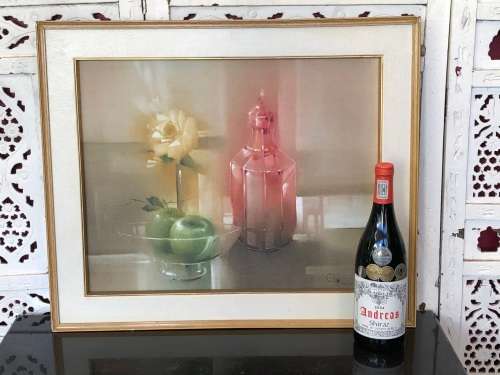 BEAUTIFUL DECOR ART !!!! FRAMED OIL ON CANVAS IN A LEATHER CLAD FRAME - SIGNED BY THE ARTIST