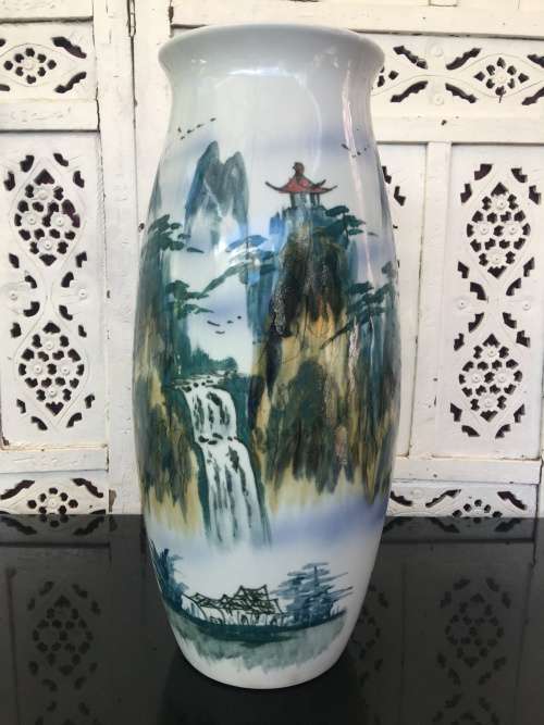 A Extra Large 40 cm Chinese Porcelain Hand Painted Landscape Vase with Poem and Signed