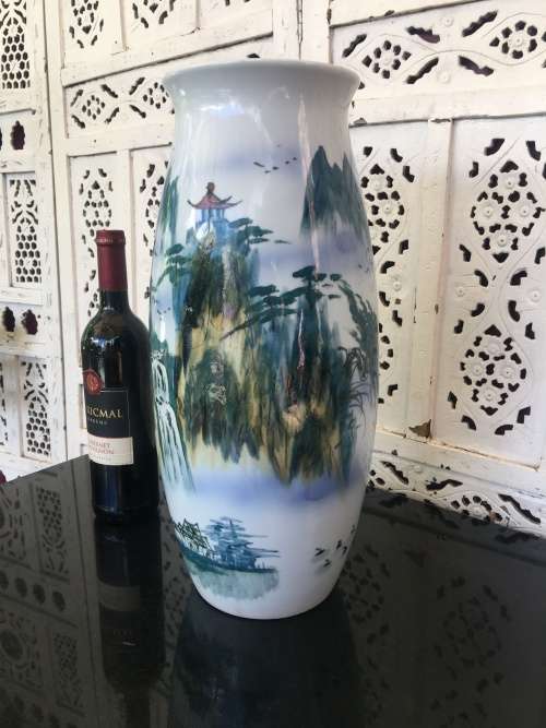 A Extra Large 40 cm Chinese Porcelain Hand Painted Landscape Vase with Poem and Signed