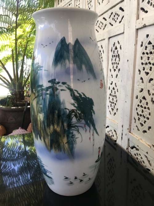 A Extra Large 40 cm Chinese Porcelain Hand Painted Landscape Vase with Poem and Signed