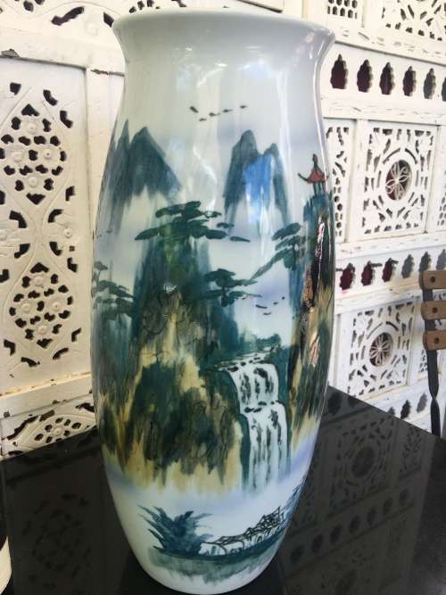A Extra Large 40 cm Chinese Porcelain Hand Painted Landscape Vase with Poem and Signed
