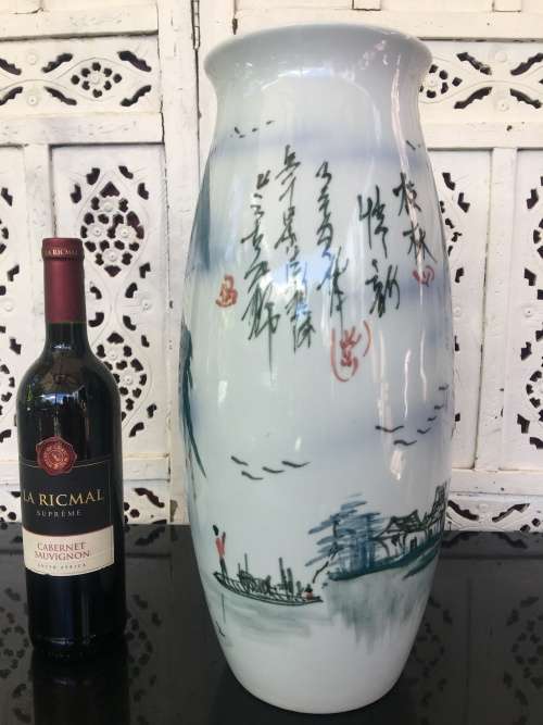 A Extra Large 40 cm Chinese Porcelain Hand Painted Landscape Vase with Poem and Signed