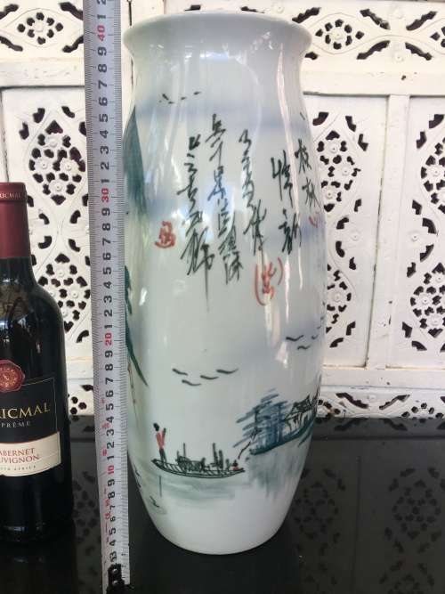 A Extra Large 40 cm Chinese Porcelain Hand Painted Landscape Vase with Poem and Signed