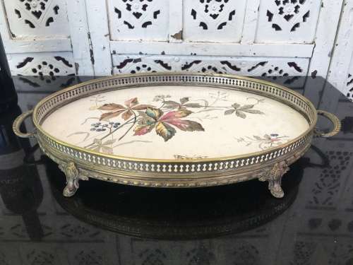 Antique Silverplate WMF Württembergische Metallwarenfabrik Gallery Tray with painted Porcelain Inlay