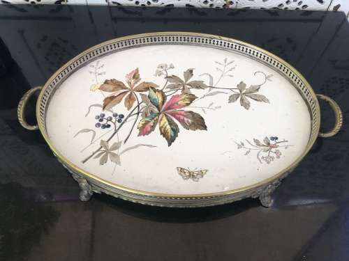 Antique Silverplate WMF Württembergische Metallwarenfabrik Gallery Tray with painted Porcelain Inlay