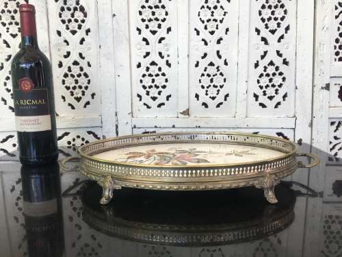 Antique Silverplate WMF Württembergische Metallwarenfabrik Gallery Tray with painted Porcelain Inlay