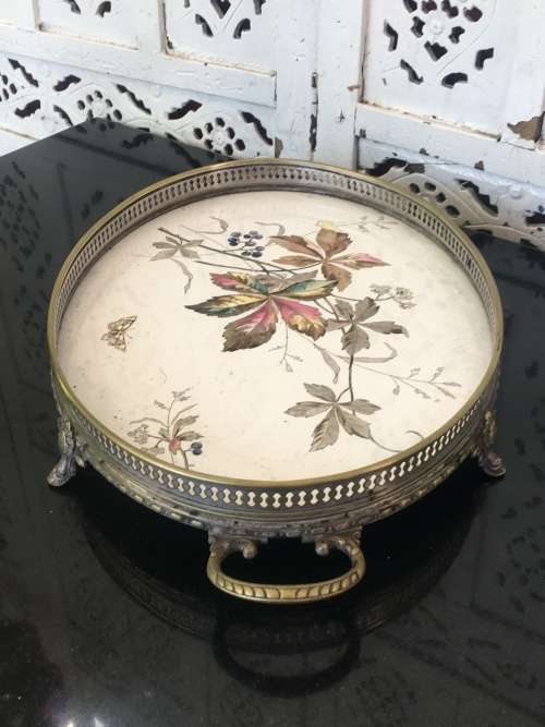 Antique Silverplate WMF Württembergische Metallwarenfabrik Gallery Tray with painted Porcelain Inlay