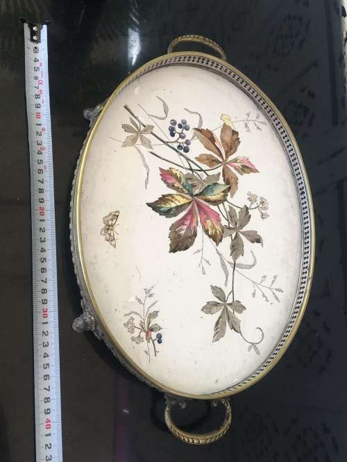 Antique Silverplate WMF Württembergische Metallwarenfabrik Gallery Tray with painted Porcelain Inlay