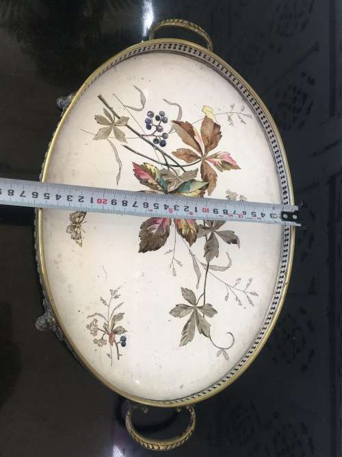 Antique Silverplate WMF Württembergische Metallwarenfabrik Gallery Tray with painted Porcelain Inlay