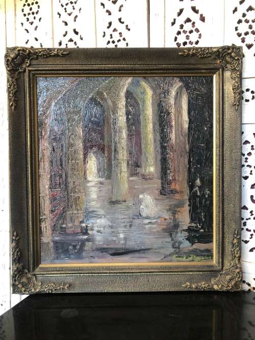 INVESTMENT ART !!! FRANK DOUGLAS (SA 1907 - 1975) - AMAZING FRAMED OIL ON BOARD INTERIOR SCENE