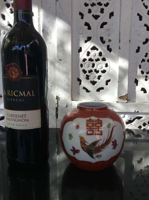 Vintage Chinese Marked Hand Painted Coral Bee Hive Pattern Ginger Jar with Double Happiness Symbol