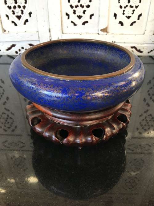 Collectors Antique Ming marked Chinese Bronze Cloisonne Censor on Carved wood Stand