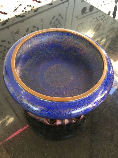 Collectors Antique Ming marked Chinese Bronze Cloisonne Censor on Carved wood Stand