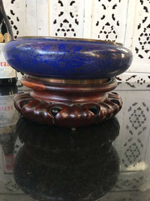 Collectors Antique Ming marked Chinese Bronze Cloisonne Censor on Carved wood Stand