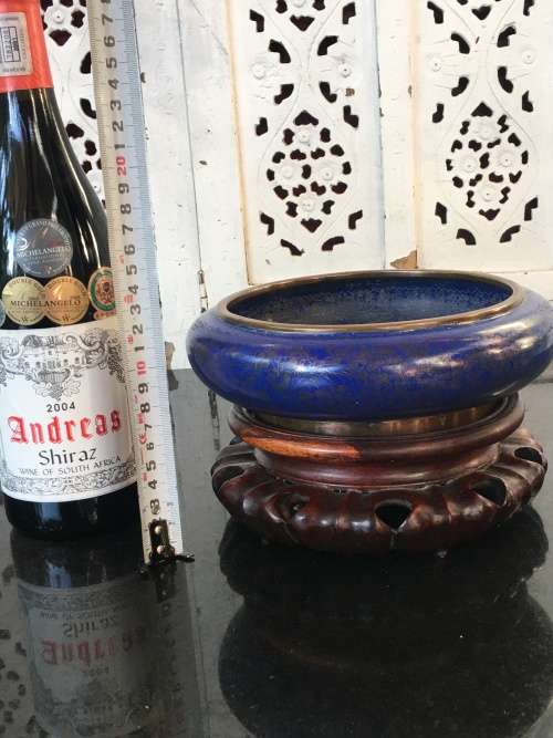 Collectors Antique Ming marked Chinese Bronze Cloisonne Censor on Carved wood Stand