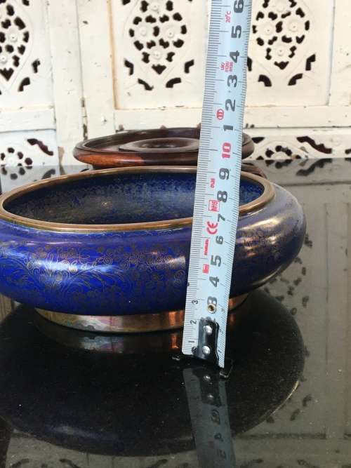 Collectors Antique Ming marked Chinese Bronze Cloisonne Censor on Carved wood Stand