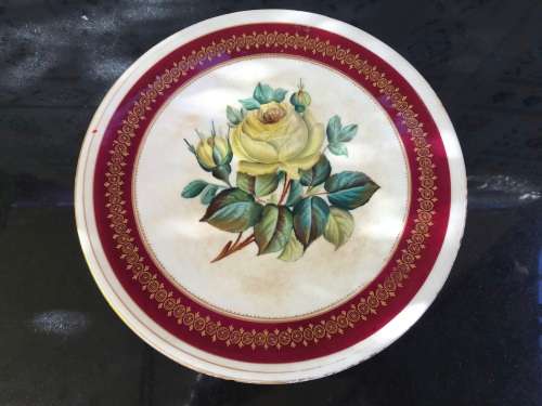 Ancient c1842-1880 Diamond Masonry Ceramic Tazza Cake Stand. Red Band & Yellow rose