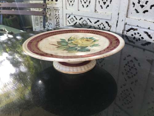 Ancient c1842-1880 Diamond Masonry Ceramic Tazza Cake Stand. Red Band & Yellow rose