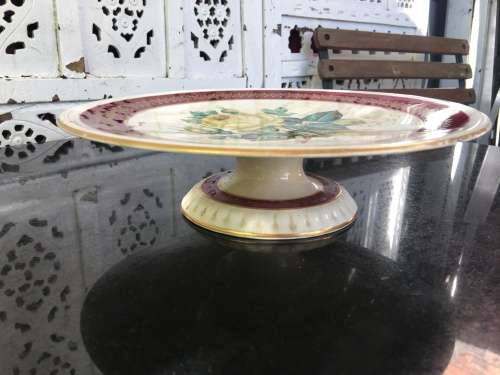 Ancient c1842-1880 Diamond Masonry Ceramic Tazza Cake Stand. Red Band & Yellow rose