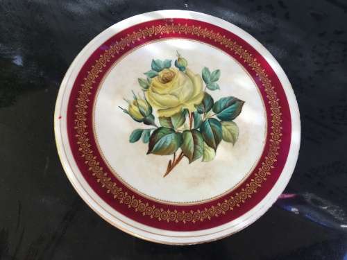 Ancient c1842-1880 Diamond Masonry Ceramic Tazza Cake Stand. Red Band & Yellow rose