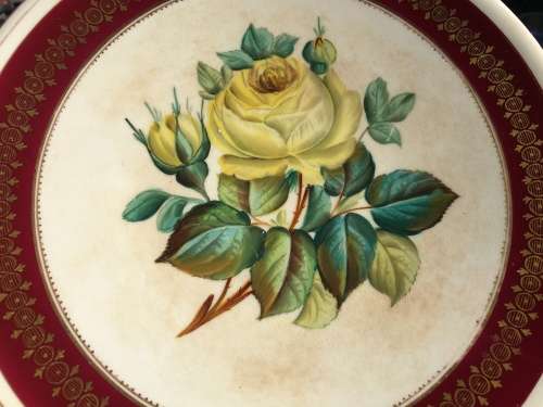 Ancient c1842-1880 Diamond Masonry Ceramic Tazza Cake Stand. Red Band & Yellow rose