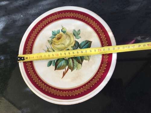 Ancient c1842-1880 Diamond Masonry Ceramic Tazza Cake Stand. Red Band & Yellow rose