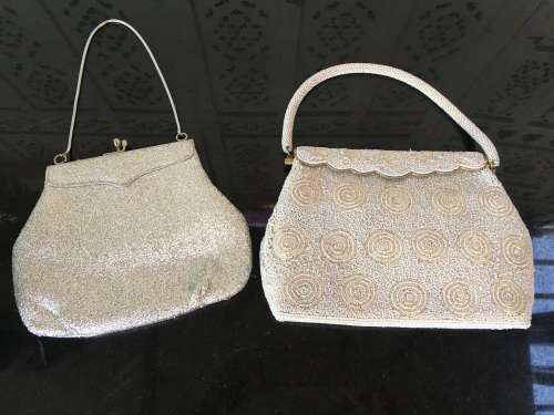 2 Vintage bags, Beaded Brass Spring Catch Close Bag with beaded strap & Silver material bag.